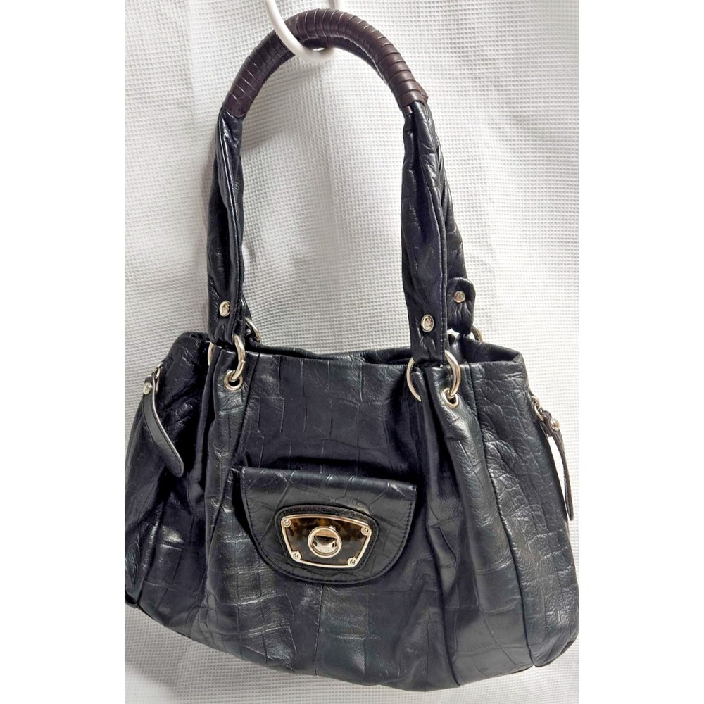 B MARCOWSKY croc BLACK Double braided ruffled handles soft leather shoulder bag